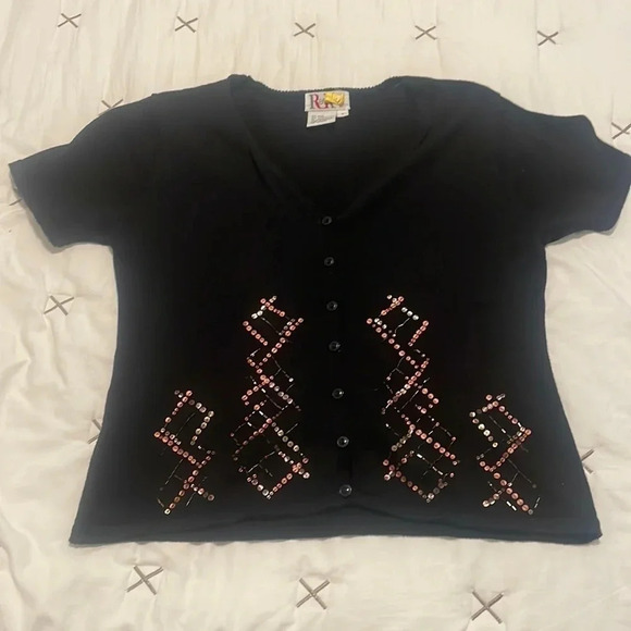 Vintage R&K black short sleeve button up sweater Size 8 - Picture 1 of 5